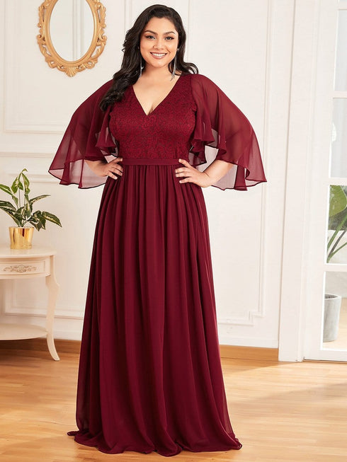 Lace Accent Plus Size V-Neck Evening Dress with Belt