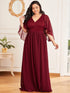 Lace Accent Plus Size V-Neck Evening Dress with Belt