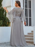 Lace Accent Plus Size V-Neck Evening Dress with Belt