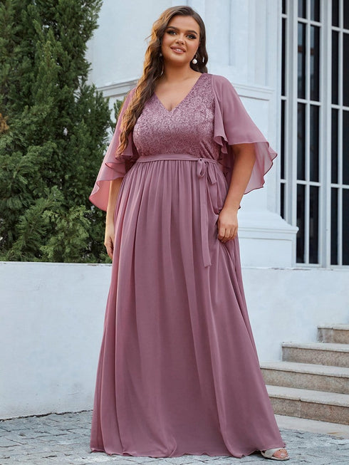 Lace Accent Plus Size V-Neck Evening Dress with Belt