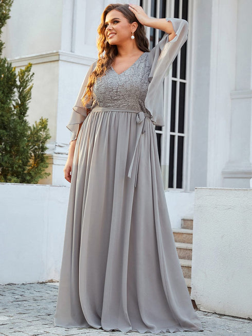 Lace Accent Plus Size V-Neck Evening Dress with Belt