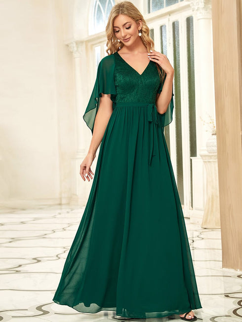 Lace Accent Plus Size V-Neck Evening Dress with Belt