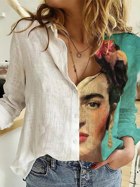 Ladies And Flower Printed Lapel Long Sleeve Shirt