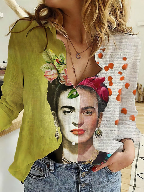 Ladies And Flower Printed Lapel Long Sleeve Shirt