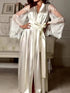Lady Nightgown See-through Long Sleeves Lace Satin Solid Color Mesh Tight Waist Lace Up Sexy Women Bathrobe for Sleeping