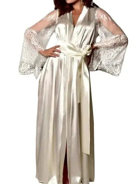 Lady Nightgown See-through Long Sleeves Lace Satin Solid Color Mesh Tight Waist Lace Up Sexy Women Bathrobe for Sleeping