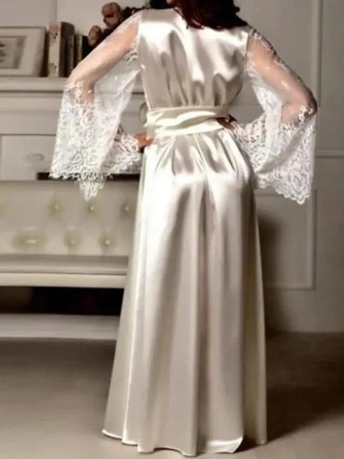 Lady Nightgown See-through Long Sleeves Lace Satin Solid Color Mesh Tight Waist Lace Up Sexy Women Bathrobe for Sleeping