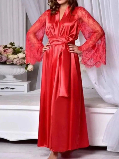 Lady Nightgown See-through Long Sleeves Lace Satin Solid Color Mesh Tight Waist Lace Up Sexy Women Bathrobe for Sleeping