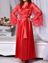 Lady Nightgown See-through Long Sleeves Lace Satin Solid Color Mesh Tight Waist Lace Up Sexy Women Bathrobe for Sleeping