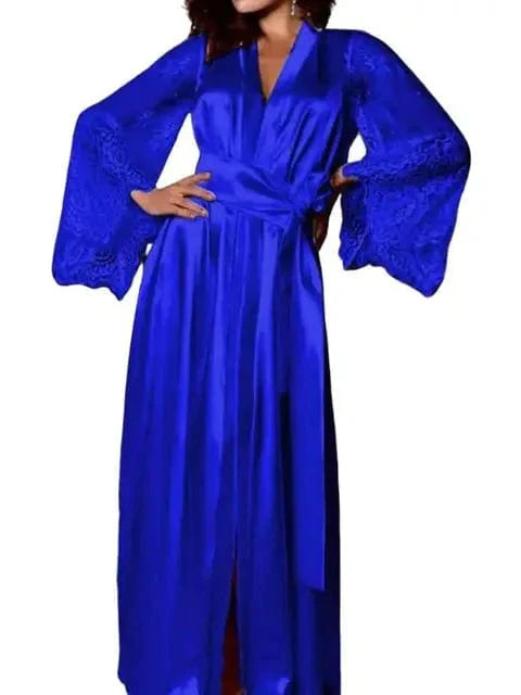 Lady Nightgown See-through Long Sleeves Lace Satin Solid Color Mesh Tight Waist Lace Up Sexy Women Bathrobe for Sleeping