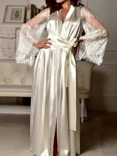 Lady Nightgown See-through Long Sleeves Lace Satin Solid Color Mesh Tight Waist Lace Up Sexy Women Bathrobe for Sleeping