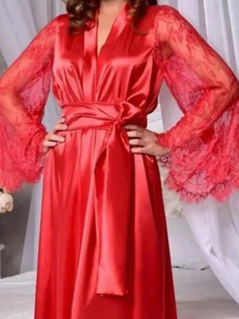 Lady Nightgown See-through Long Sleeves Lace Satin Solid Color Mesh Tight Waist Lace Up Sexy Women Bathrobe for Sleeping