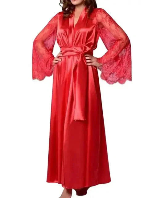 Lady Nightgown See-through Long Sleeves Lace Satin Solid Color Mesh Tight Waist Lace Up Sexy Women Bathrobe for Sleeping
