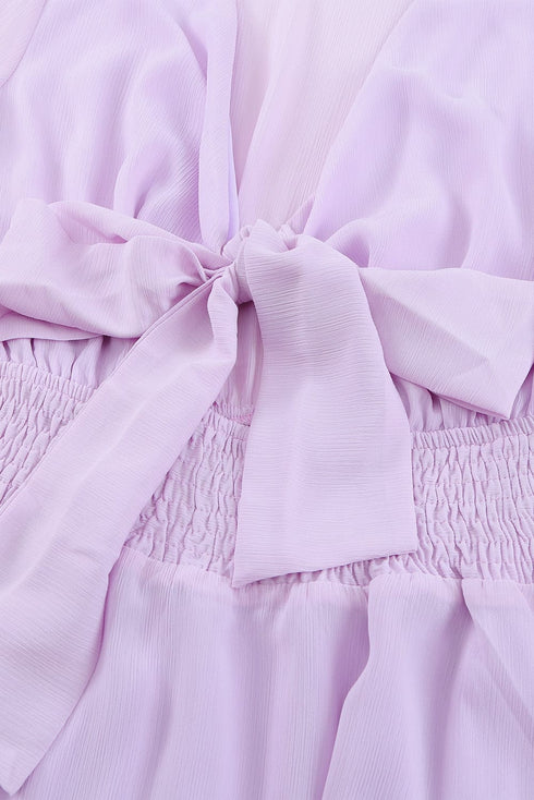 Lantern Sleeve Knotted Tiered Mini Dress with Deep V Neck