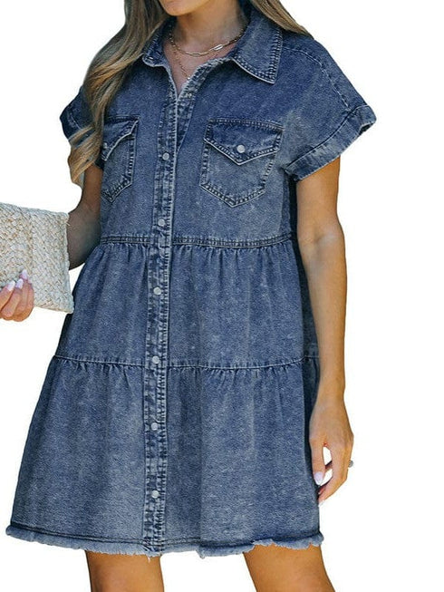 Lapel Button Pocket Denim Shirt Dress
