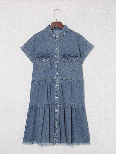 Lapel Button Pocket Denim Shirt Dress