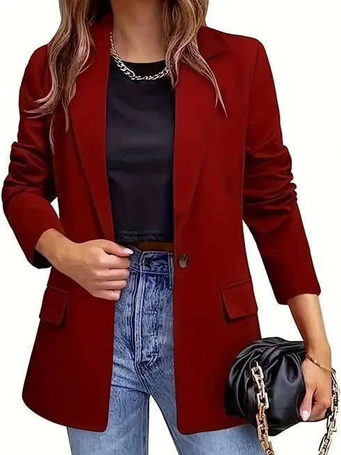 Lapel Neck Blazer with Button Front, Stylish Long Sleeve Jacket for Office & Work, Women's Apparel