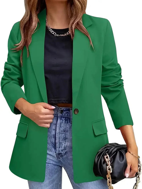 Lapel Neck Blazer with Button Front, Stylish Long Sleeve Jacket for Office & Work, Women's Apparel