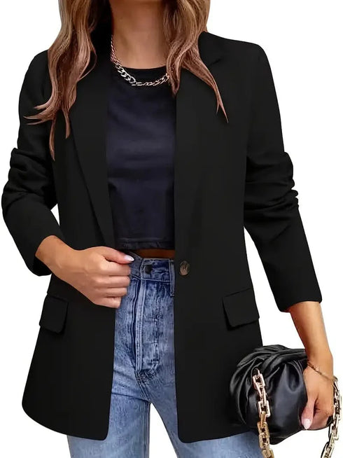 Lapel Neck Blazer with Button Front, Stylish Long Sleeve Jacket for Office & Work, Women's Apparel
