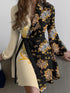 Lapel Print Lace-Up Long Sleeve Dress