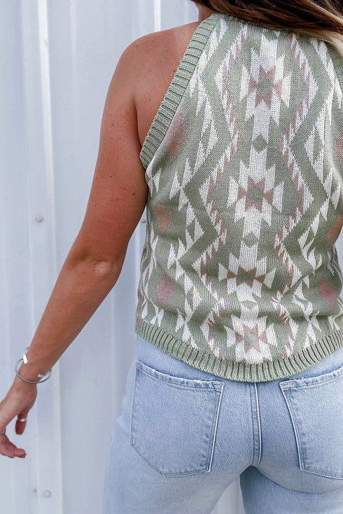 Laurel Green Aztec Print Sleeveless Knit Sweater Tank