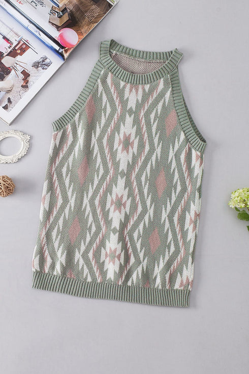 Laurel Green Aztec Print Sleeveless Knit Sweater Tank