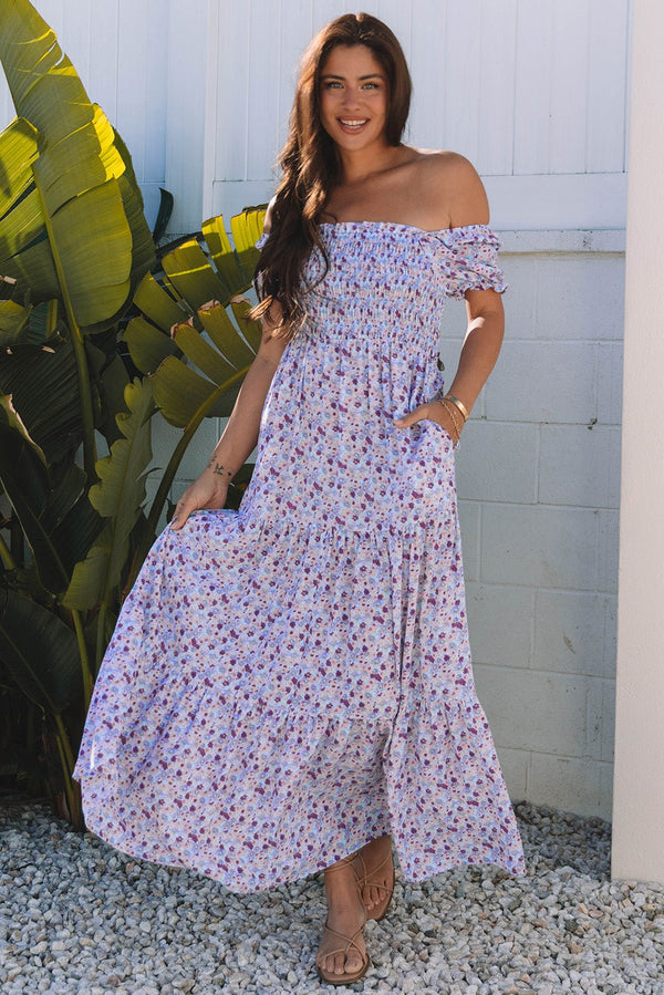 Women's Lavender Floral Smocked Maxi Dress with Off-Shoulder Sleeves