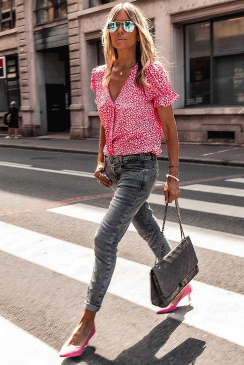 Layered Plaid Short Sleeve V-Neck Lotus Leaf Blouses