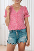 Layered Plaid Short Sleeve V-Neck Lotus Leaf Blouses