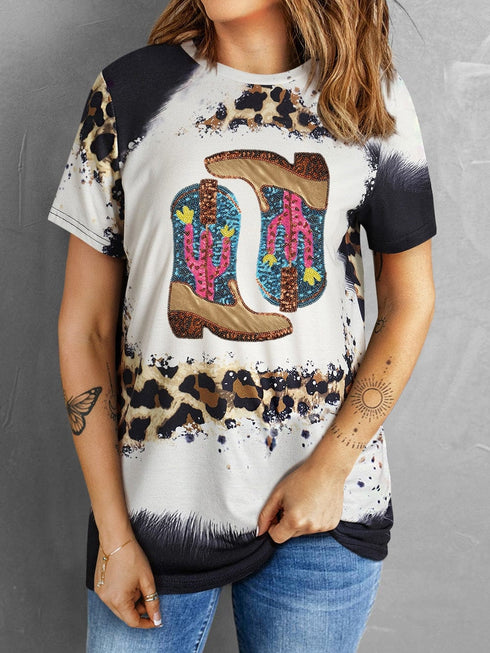 Leopard Cowboy Boots Graphic T Shirt with Sequin Cactus Detail