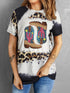 Leopard Cowboy Boots Graphic T Shirt with Sequin Cactus Detail