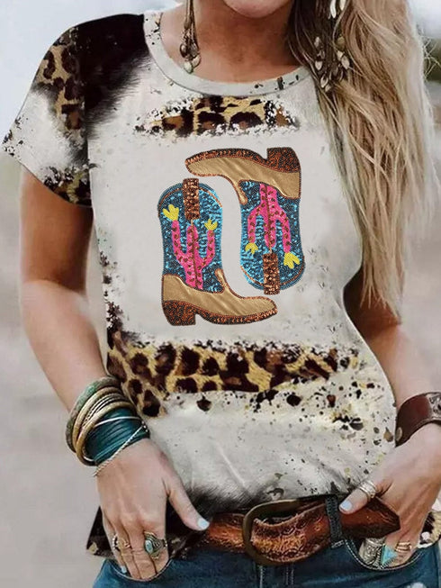 Leopard Cowboy Boots Graphic T Shirt with Sequin Cactus Detail