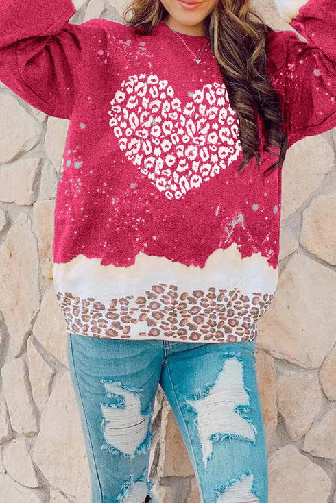 Leopard Heart Graphic Red Sweatshirt with Fiery Bleached Details