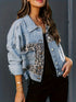 Leopard Print Color Block Long Sleeve Lapel Denim Jacket