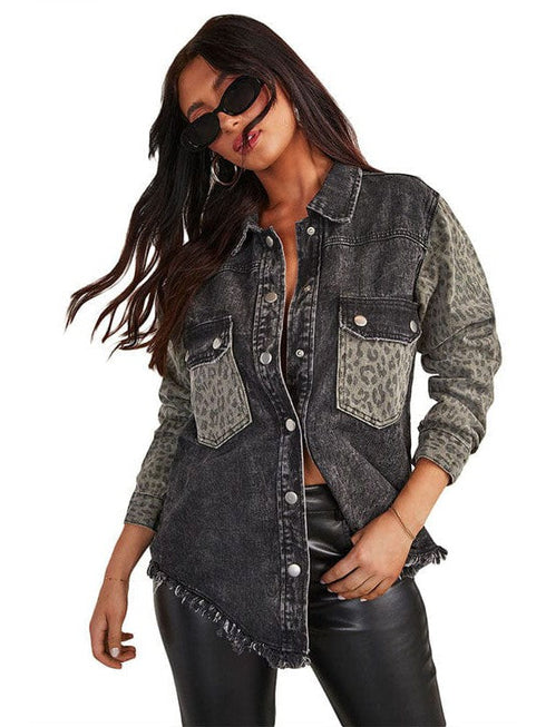 Leopard Print Denim Jacket with Raw Edges and Lapel Collar for Women
