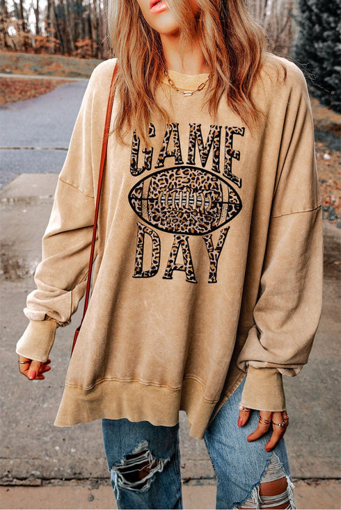 Leopard Print Khaki Rugby Fan Graphic Sweatshirt