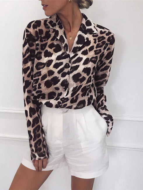 Leopard Print Lapel Button Long Sleeve Blouse