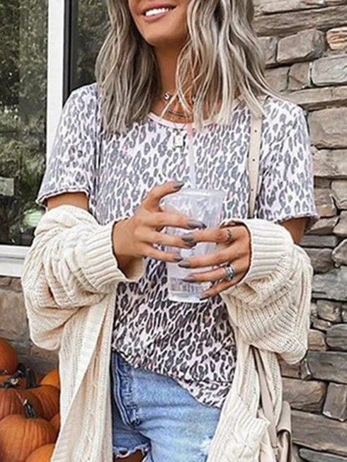 Leopard Print Loose Fit Short Sleeve T-shirt for Women