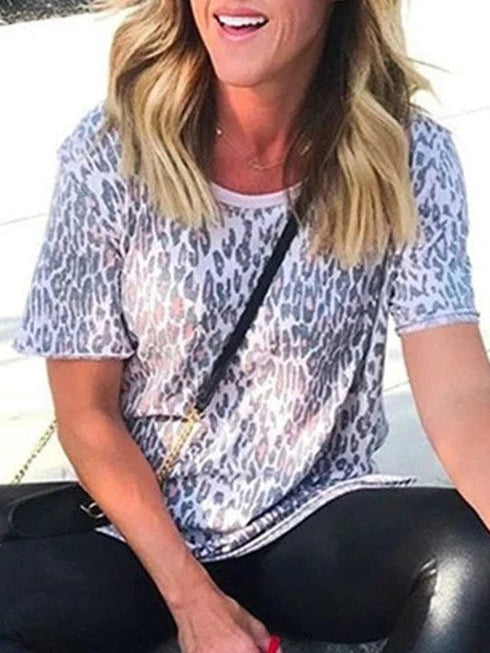 Leopard Print Loose Fit Short Sleeve T-shirt for Women