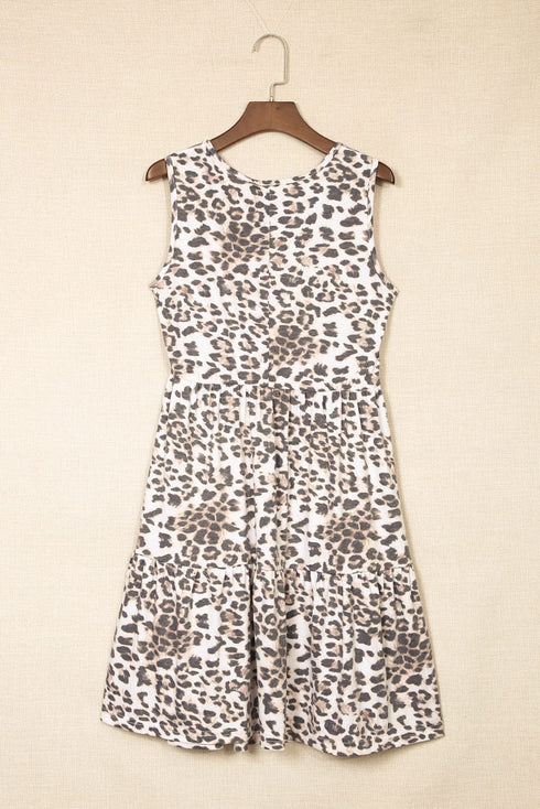 Leopard Print Tiered Ruffle Sleeveless Mini Dress