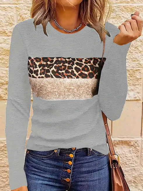 Leopard Printed Crew Neck Tee, Relaxed Long Sleeve Shirt Ideal for Spring & Autumn, Women's Fashion
