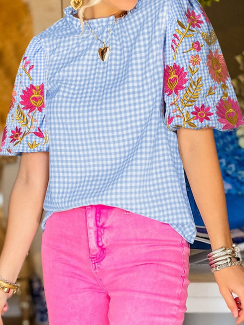 Light Blue Plaid and Floral Embroidered Puff Sleeve Cotton Blend Blouse