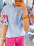 Light Blue Plaid and Floral Embroidered Puff Sleeve Cotton Blend Blouse