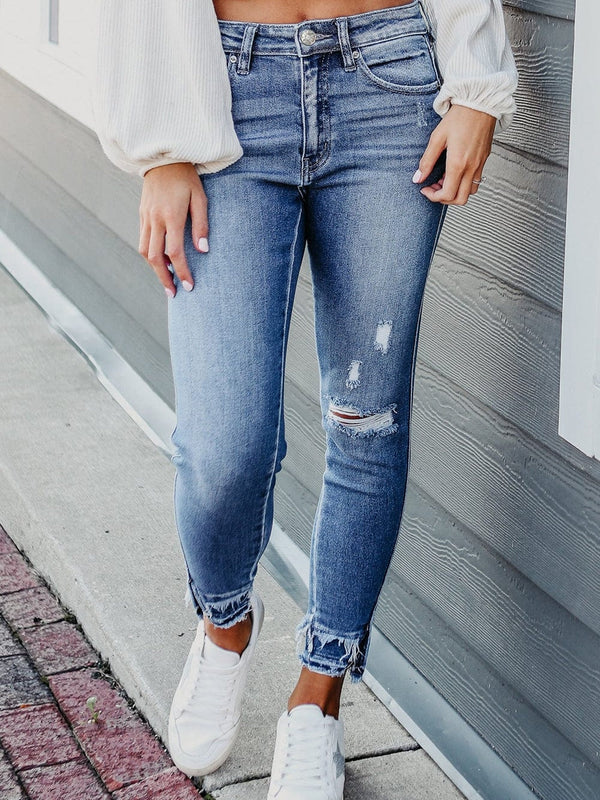 Light Blue Retro Distressed Frayed Skinny Jeans