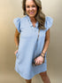 Light Blue Ruffled V-Neck Shift Mini Dress with Puff Sleeves