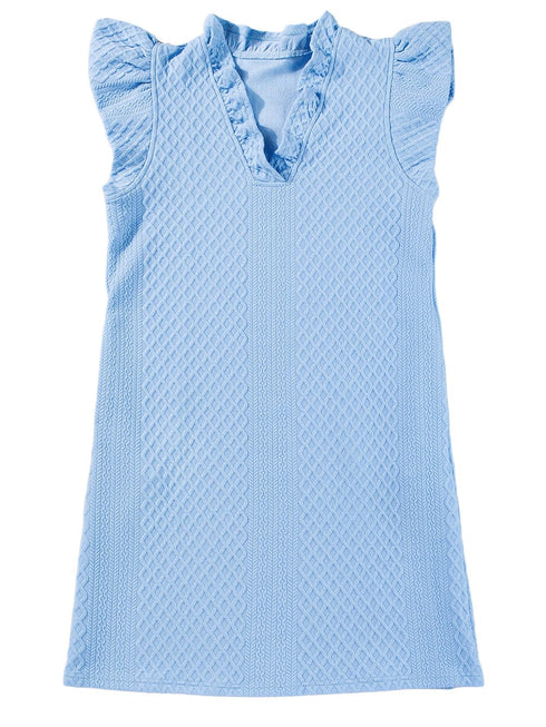 Light Blue Ruffled V-Neck Shift Mini Dress with Puff Sleeves