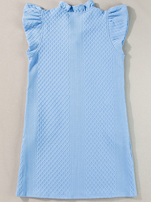 Light Blue Ruffled V-Neck Shift Mini Dress with Puff Sleeves