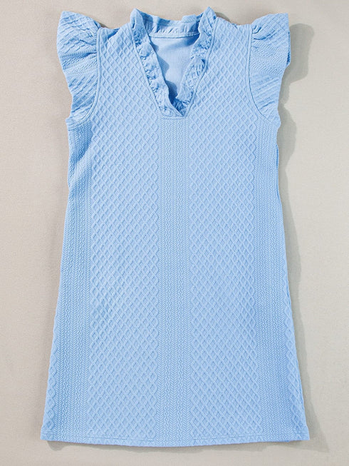 Light Blue Ruffled V-Neck Shift Mini Dress with Puff Sleeves