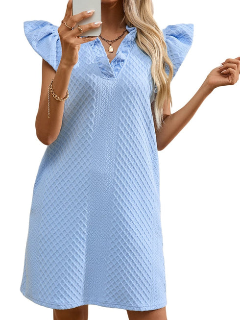 Light Blue Ruffled V-Neck Shift Mini Dress with Puff Sleeves