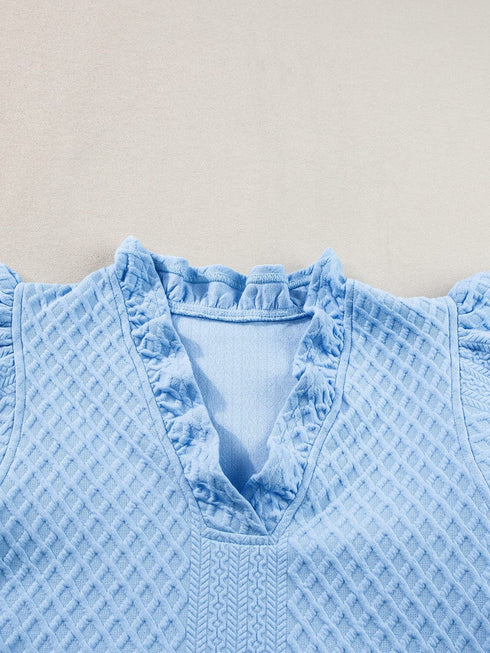 Light Blue Ruffled V-Neck Shift Mini Dress with Puff Sleeves